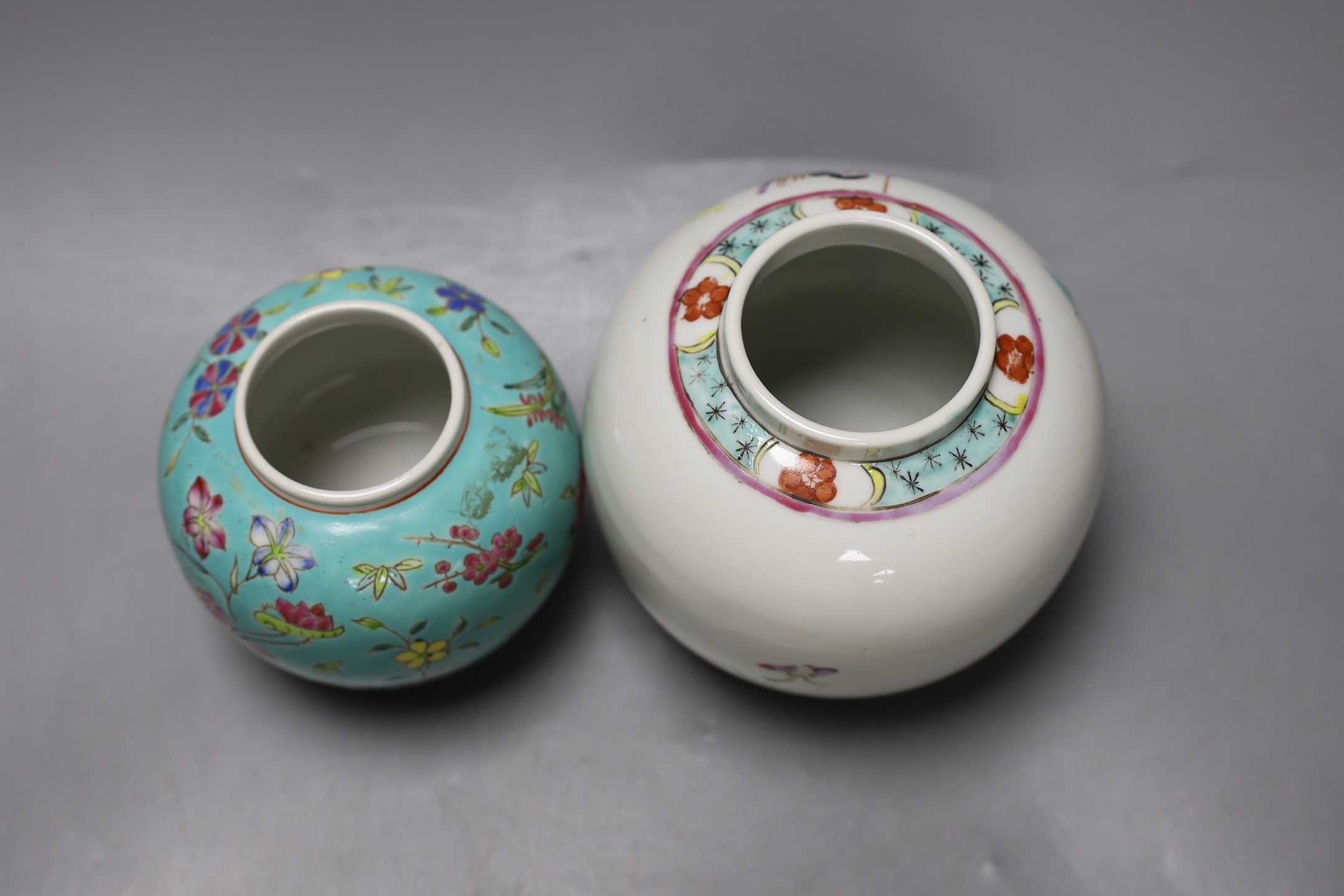 Two mid 20th century Chinese enamelled porcelain jars, tallest 14cm